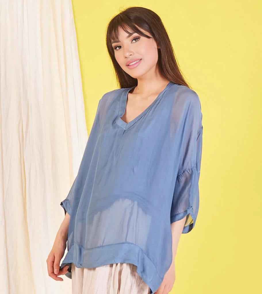 BZNA Seidenbluse Mittelblau Tunika Seidentunika mit V -Ausschnitt Seidenchiffonbluse Fledermaus Ärmel oneSize