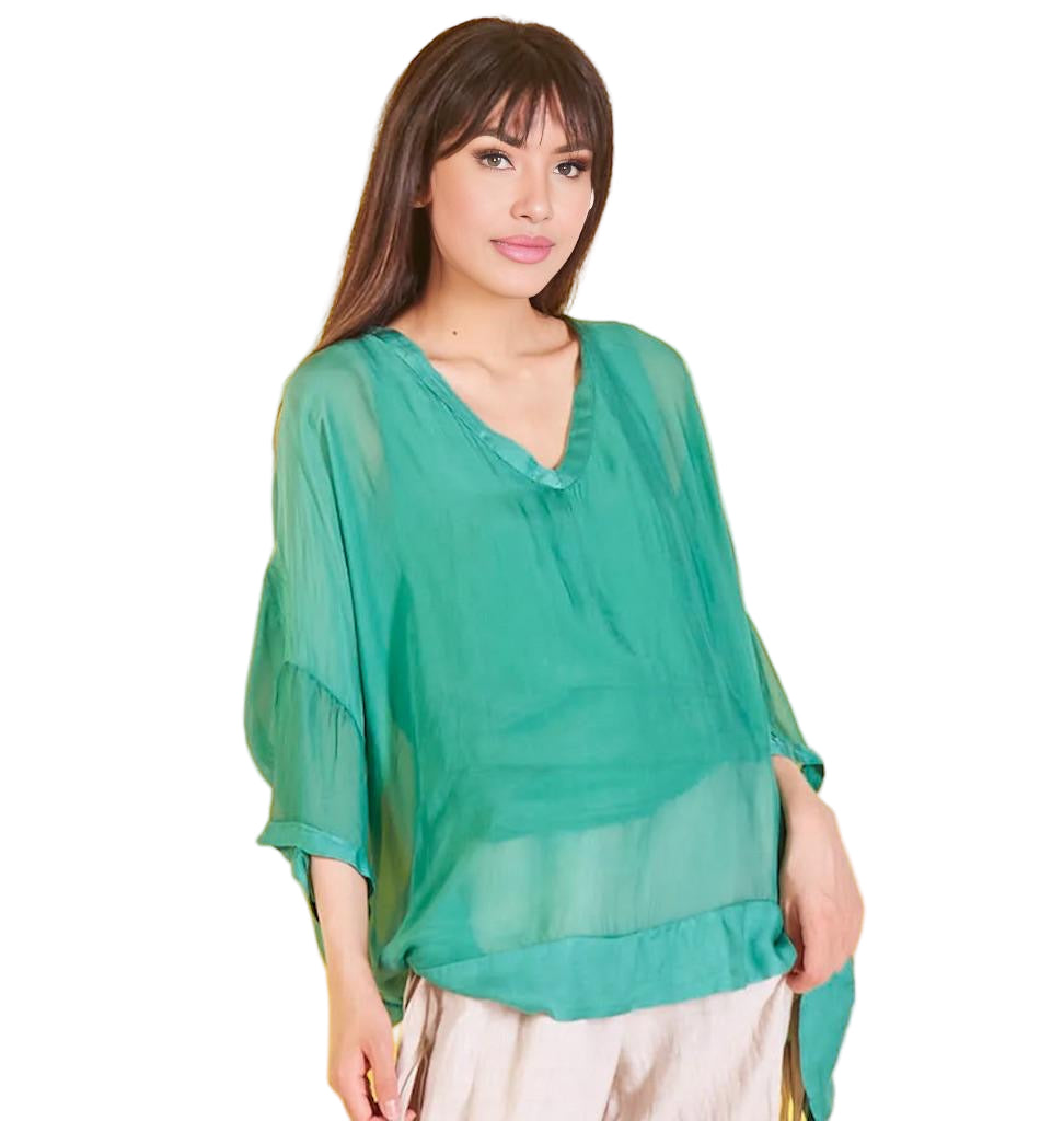 BZNA Seidenbluse GrünB Tunika Seidentunika mit V -Ausschnitt Seidenchiffonbluse Fledermaus Ärmel oneSize - B Z N A