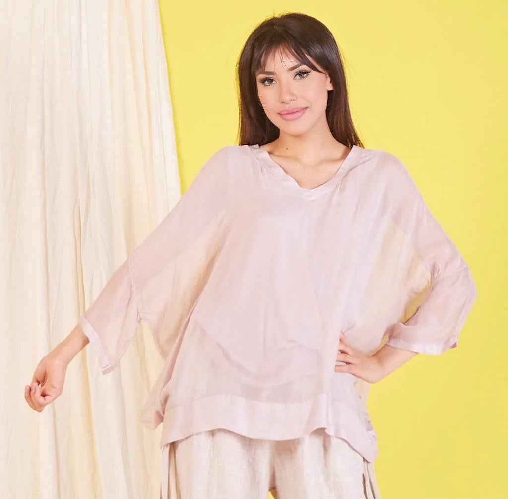 BZNA Seidenbluse Rose Tunika Seidentunika mit V -Ausschnitt Seidenchiffonbluse Fledermaus Ärmel oneSize
