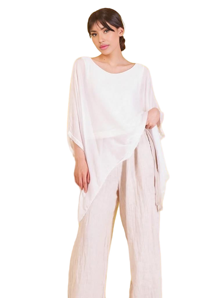 BZNA Seidenbluse Weiß White Tunika Seidentunika Seidenchiffonbluse Fledermaus Ärmel oneSize - B Z N A