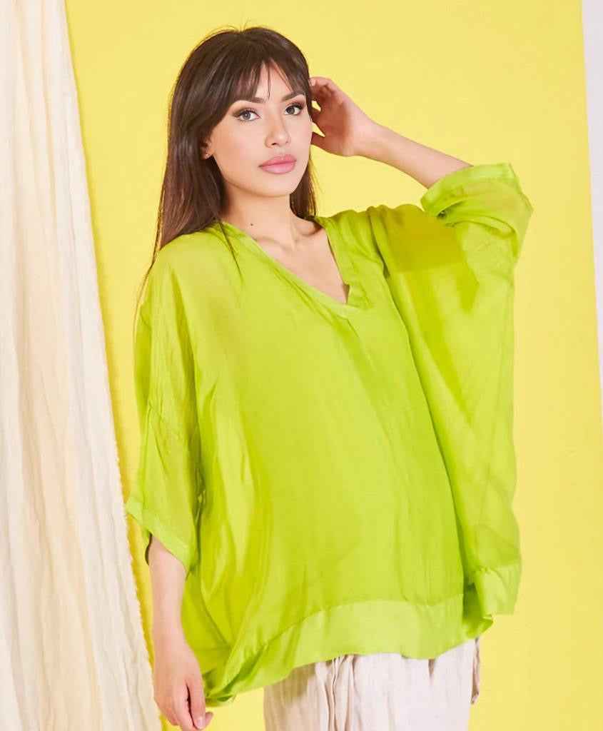 BZNA Seidenbluse Lime Tunika Seidentunika mit V -Ausschnitt Seidenchiffonbluse Fledermaus Ärmel oneSize