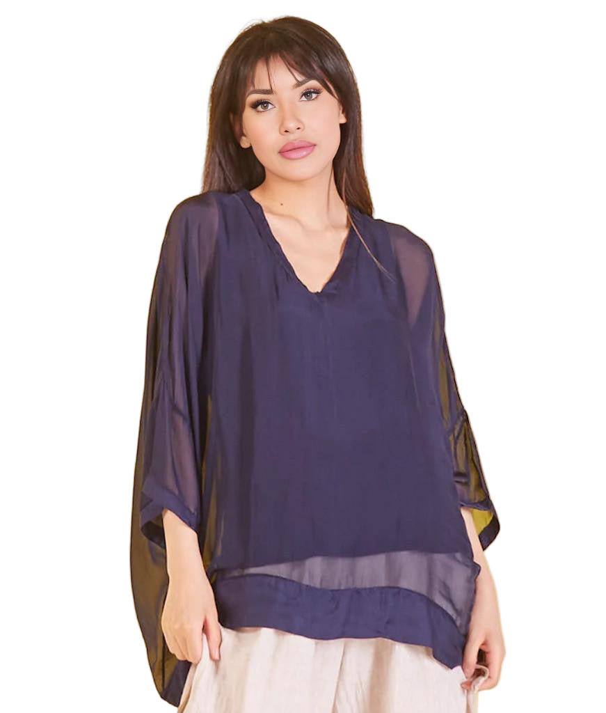 BZNA Seidenbluse Navy Blau Tunika Seidentunika mit V -Ausschnitt Seidenchiffonbluse Fledermaus Ärmel oneSize - B Z N A