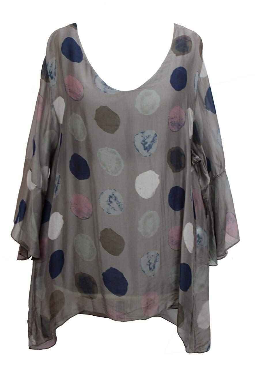 BZNA Seiden Tunika Taupe Bluse mit Punkten pünktchen Muster Seidentunika Trompeten Ärmel 36 40 42 one size Damen Dress Oberteil elegant