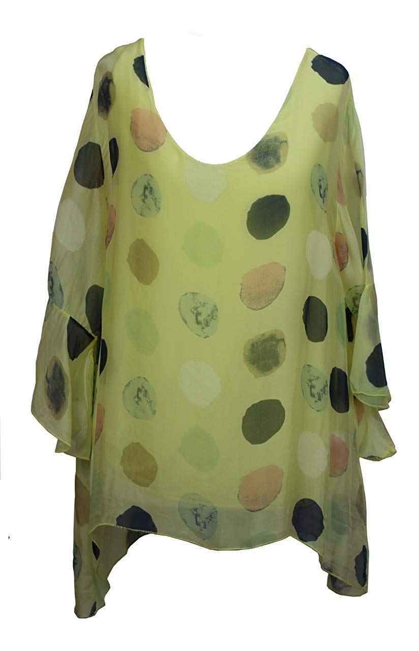 BZNA Seiden Tunika Gelb Bluse mit Punkten pünktchen Muster Seidentunika Trompeten Ärmel 36 40 42 one size Damen Dress Oberteil elegant