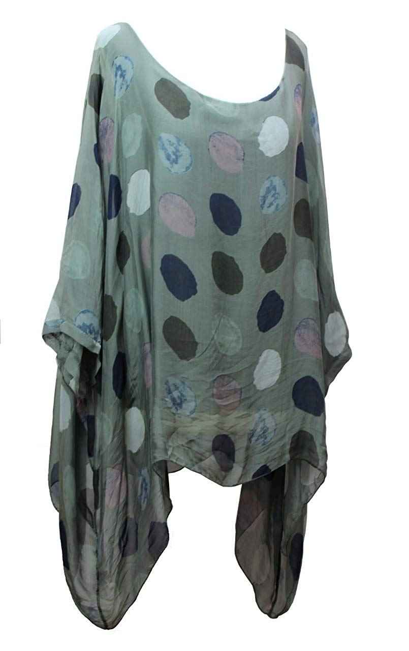 BZNA Seiden Tunika Verde Grün Bluse mit Punkten pünktchen Muster Seidentunika Fledermaus Ärmel 38 40 42 44 46 one size Damen Dress Oberteil elegant