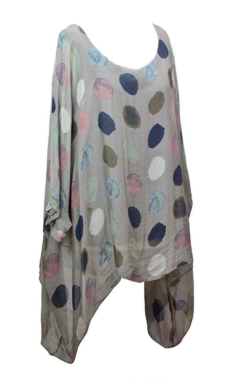 BZNA Seiden Tunika Hellbraun Braun Bluse mit Punkten Muster Seidentunika Fledermaus one size Damen Dress Oberteil elegant