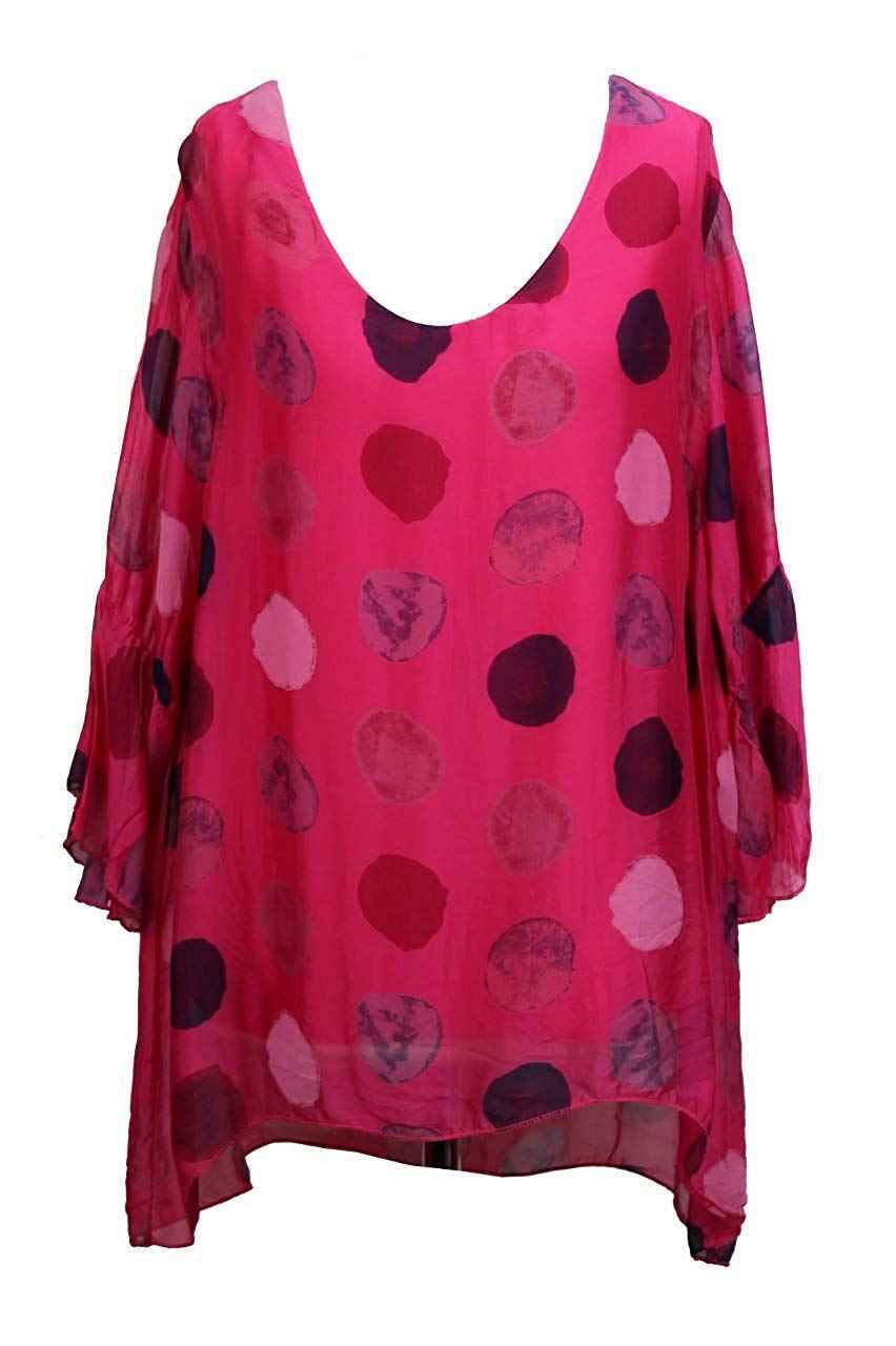 BZNA Seiden Tunika Fuxia Pink Bluse mit Punkten pünktchen Muster Seidentunika Trompeten Ärmel 36 40 42 one size Damen Dress Oberteil elegant