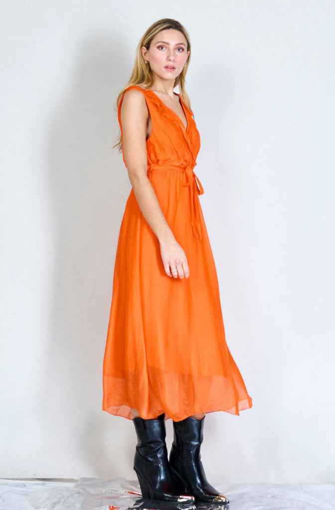 BZNA Ibiza Kleid Orange Seidenchiffon langes Kleid mit Rüschen Seidenkleid