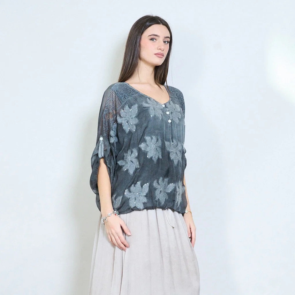 BZNA Bluse Tunika mit Seide Blumen bestickte Bluse und Spitze