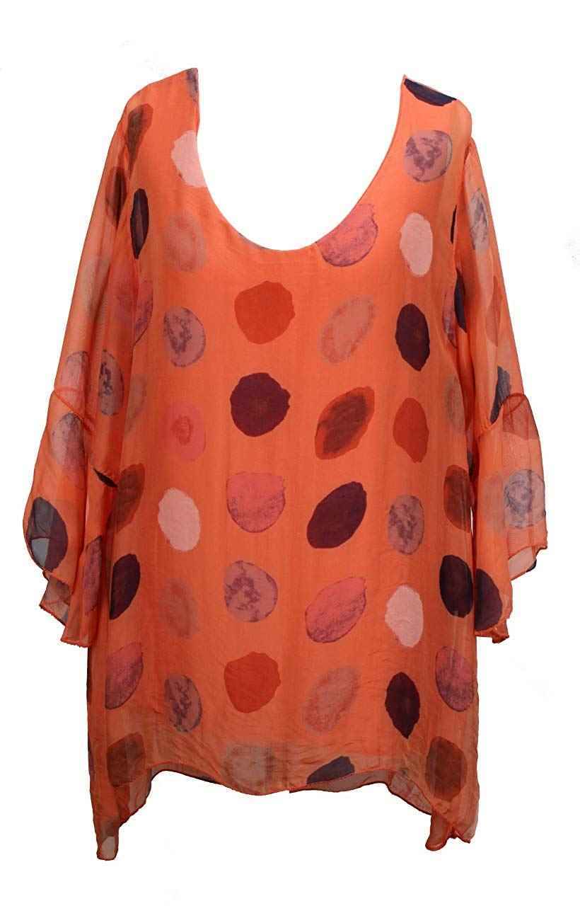 BZNA Seiden Tunika Orange Bluse mit Punkten pünktchen Muster Seidentunika Trompeten Ärmel 36 40 42 one size Damen Dress Oberteil elegant