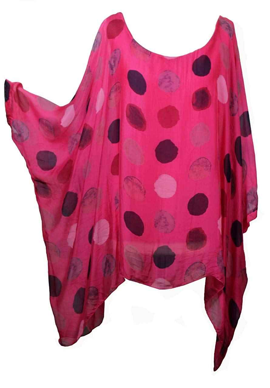 BZNA Seiden Tunika Fuxia Pink Bluse mit Punkten pünktchen Muster Seidentunika Fledermaus Ärmel 38 40 42 44 46 one size Damen Dress Oberteil elegant