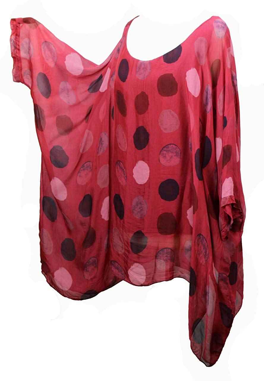 BZNA Seiden Tunika Rot Bluse mit Punkten pünktchen Muster Seidentunika Fledermaus Ärmel 38 40 42 44 46 one size Damen Dress Oberteil elegant
