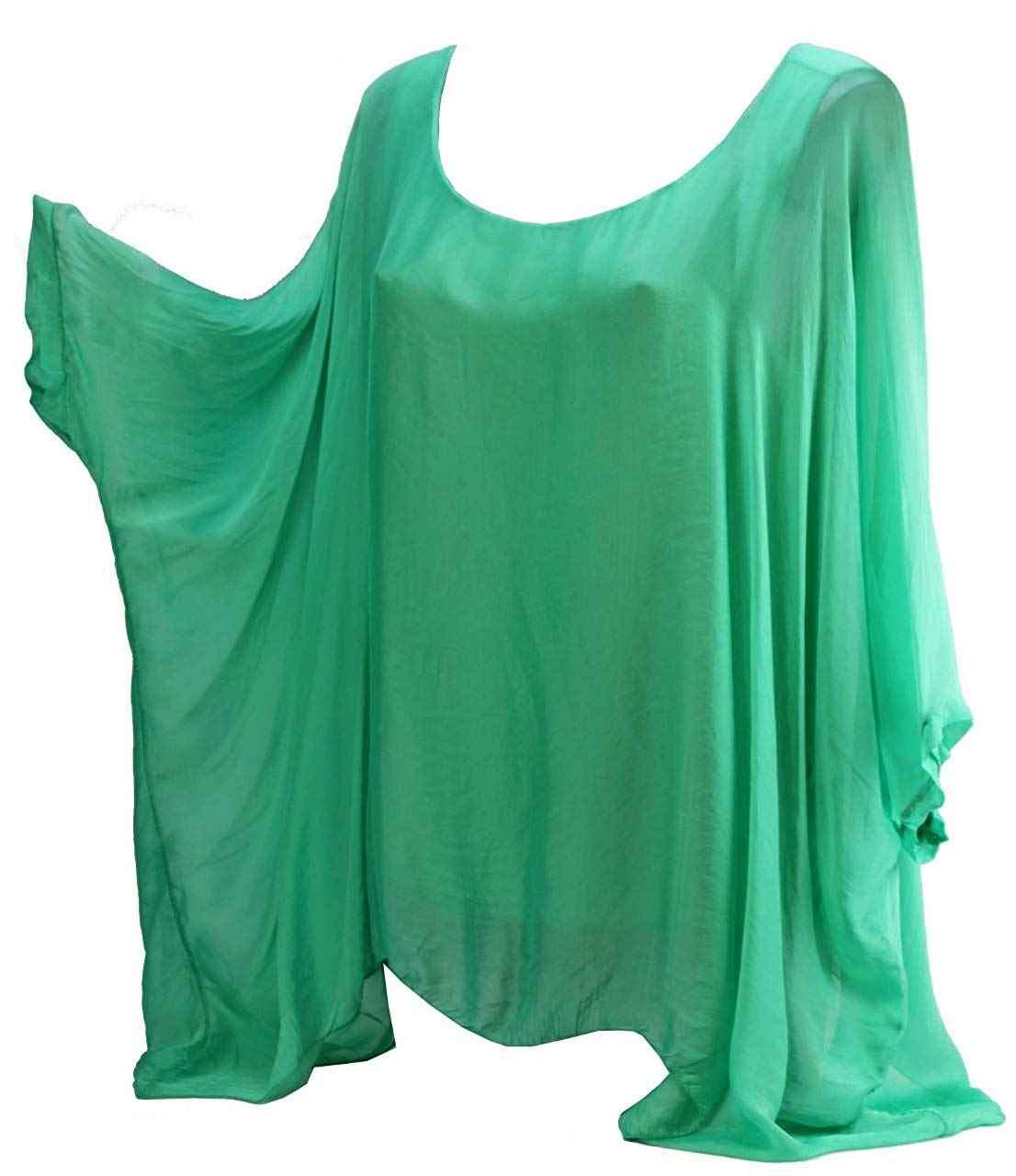 BZNA Seiden Tunika Grün Bluse mit Punkten pünktchen Muster Seidentunika Fledermaus Ärmel 38 40 42 44 one size Damen Dress Oberteil elegant