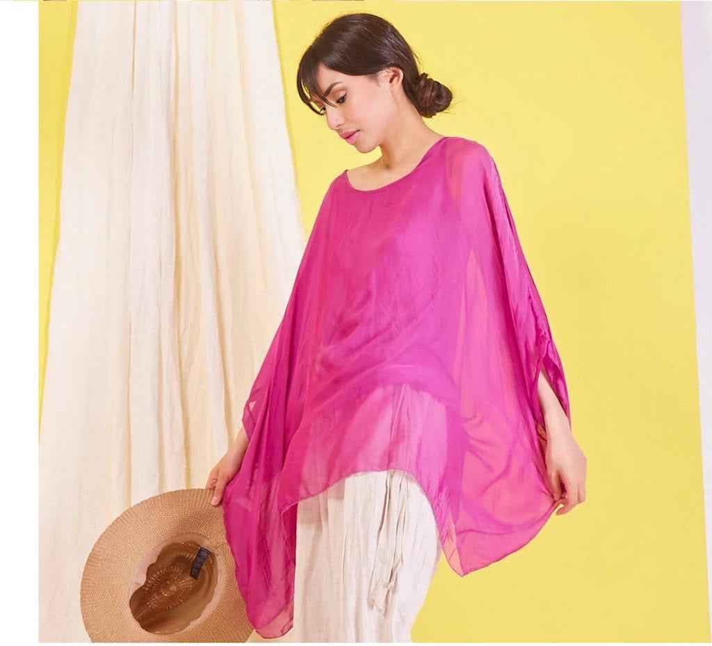 BZNA Seidenbluse Magenta Tunika Seidentunika Seidenchiffonbluse Fledermaus Ärmel oneSize