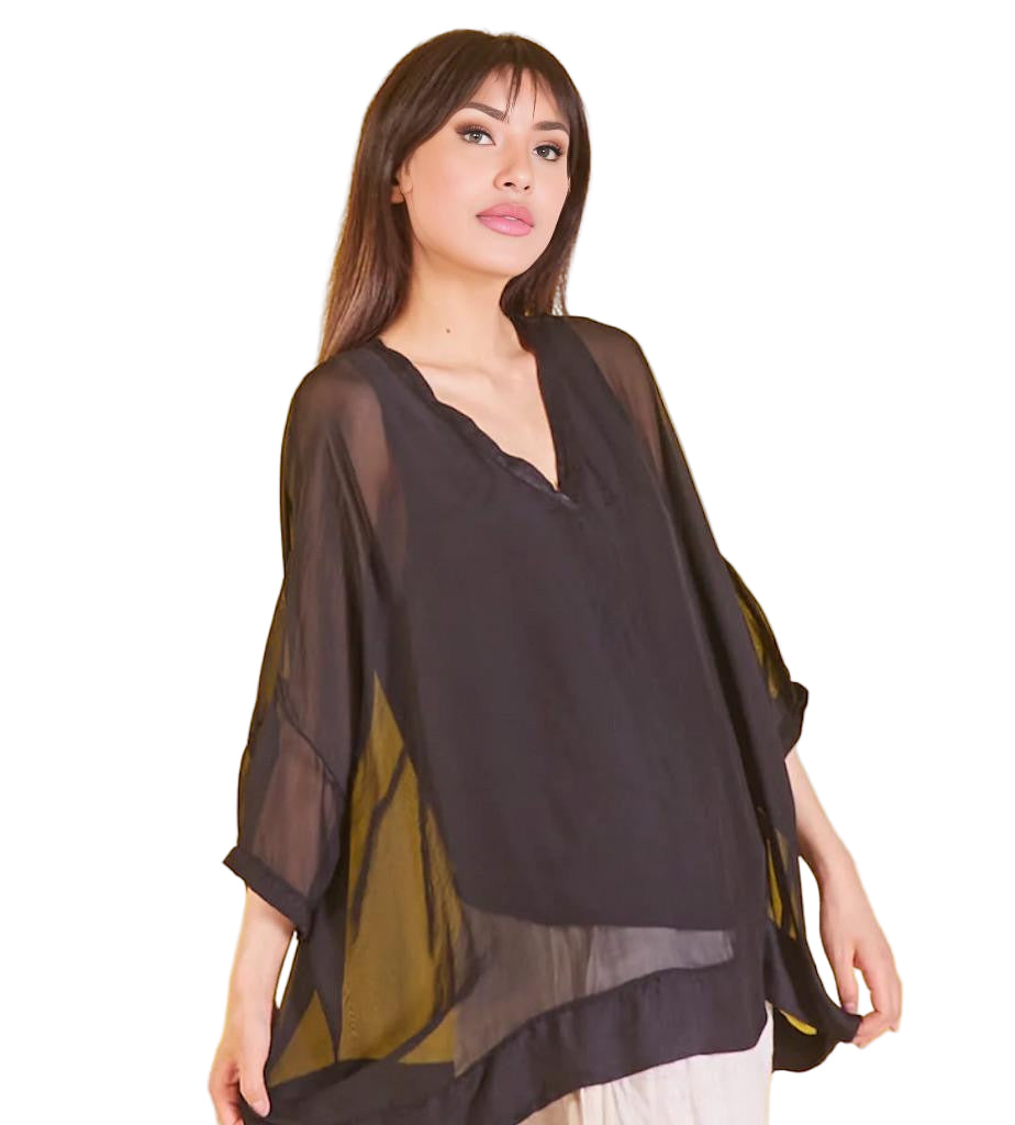 BZNA Seidenbluse Schwarz Tunika Seidentunika mit V -Ausschnitt Seidenchiffonbluse Fledermaus Ärmel oneSize - B Z N A