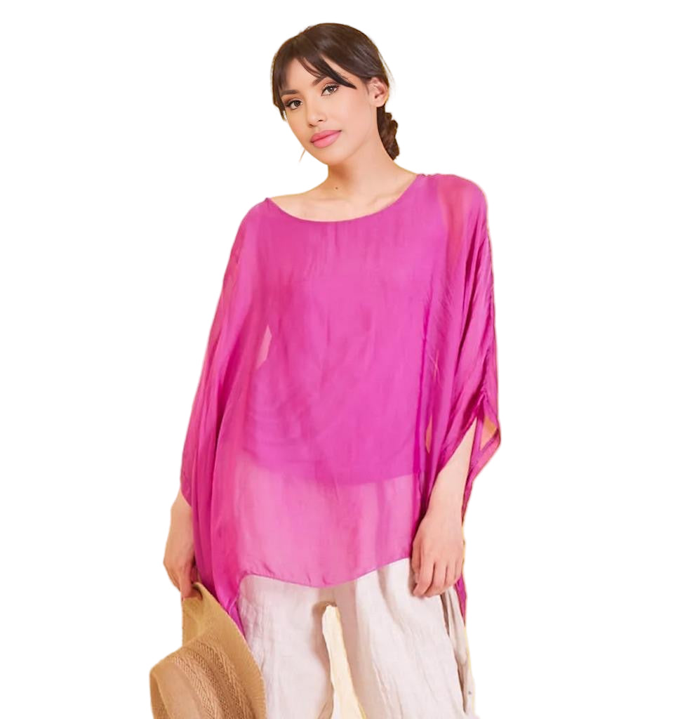 BZNA Seidenbluse Magenta Tunika Seidentunika Seidenchiffonbluse Fledermaus Ärmel oneSize - B Z N A
