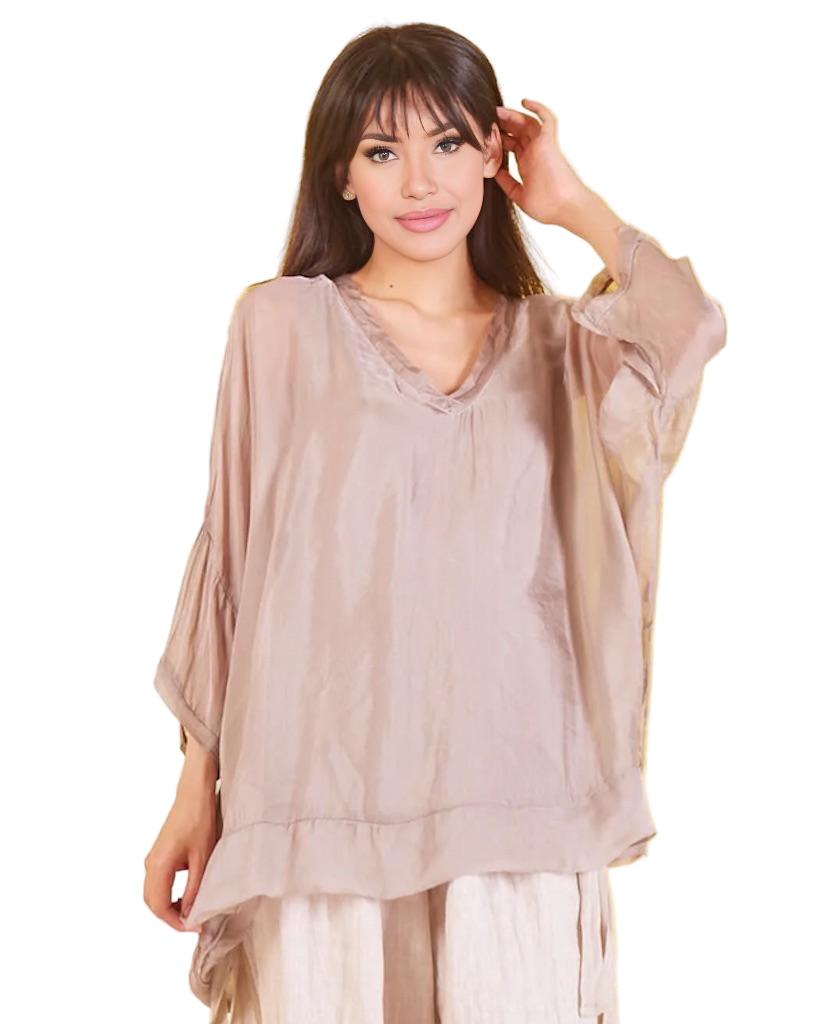 BZNA Seidenbluse Taupe Tunika Seidentunika mit V -Ausschnitt Seidenchiffonbluse Fledermaus Ärmel oneSize - B Z N A