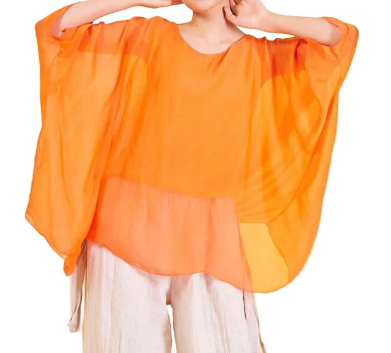 BZNA Seidenbluse Orange Tunika Seidentunika Seidenchiffonbluse Fledermaus Ärmel oneSize - B Z N A