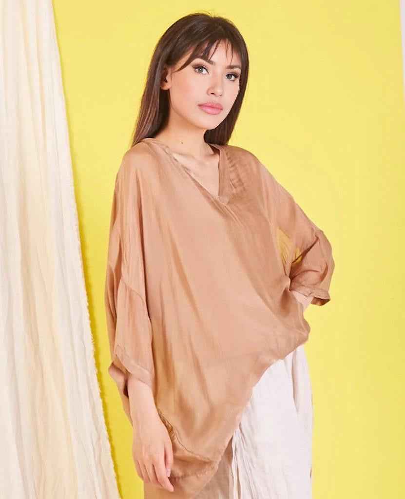 BZNA Seidenbluse Camel Tunika Seidentunika mit V -Ausschnitt Seidenchiffonbluse Fledermaus Ärmel oneSize