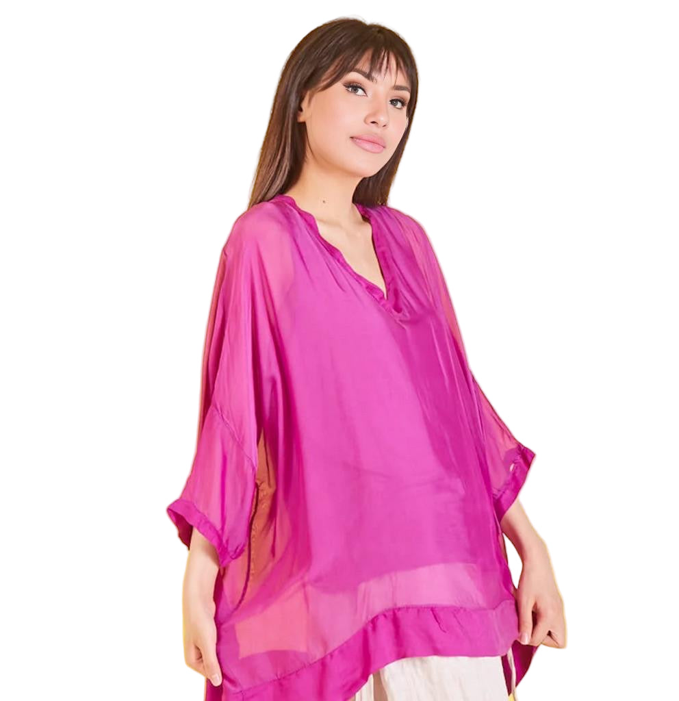 BZNA Seidenbluse Magenta Tunika Seidentunika mit V -Ausschnitt Seidenchiffonbluse Fledermaus Ärmel oneSize - B Z N A