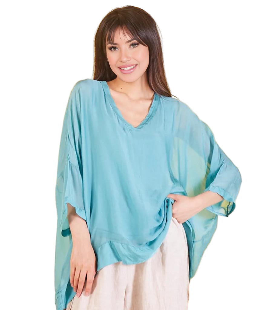 BZNA Seidenbluse Türkis Tunika Seidentunika mit V -Ausschnitt Seidenchiffonbluse Fledermaus Ärmel oneSize - B Z N A