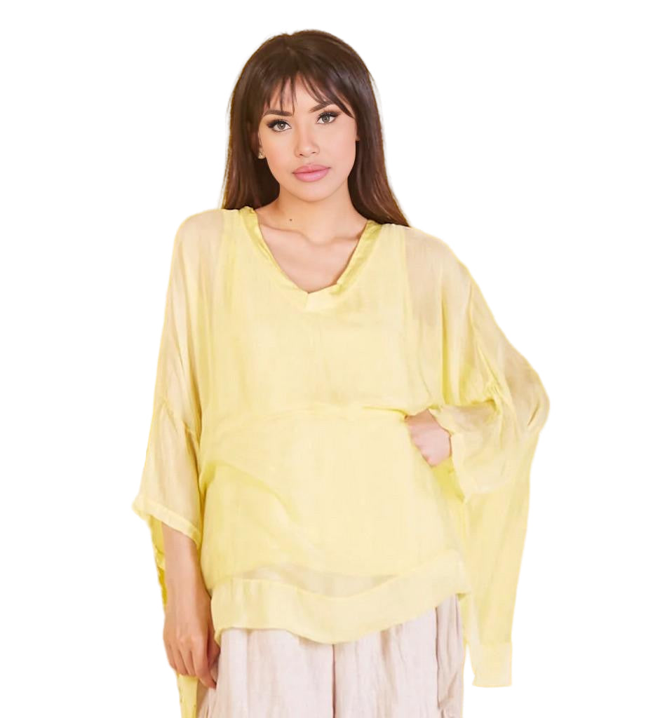 BZNA Seidenbluse Gelb Tunika Seidentunika mit V -Ausschnitt Seidenchiffonbluse Fledermaus Ärmel oneSize - B Z N A