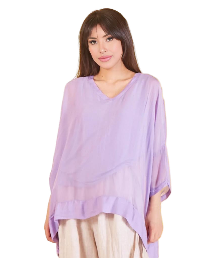 BZNA Seidenbluse Flieder Tunika Seidentunika mit V -Ausschnitt Seidenchiffonbluse Fledermaus Ärmel oneSize - B Z N A