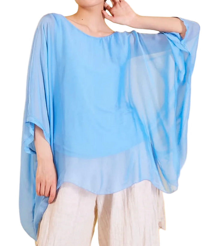 BZNA Seidenbluse Light Blue Tunika Seidentunika Seidenchiffonbluse Fledermaus Ärmel oneSize - B Z N A