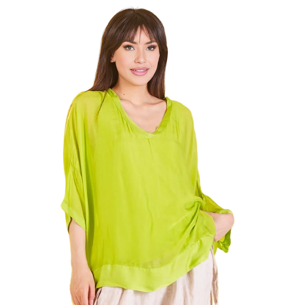 BZNA Seidenbluse Lime Tunika Seidentunika mit V -Ausschnitt Seidenchiffonbluse Fledermaus Ärmel oneSize - B Z N A