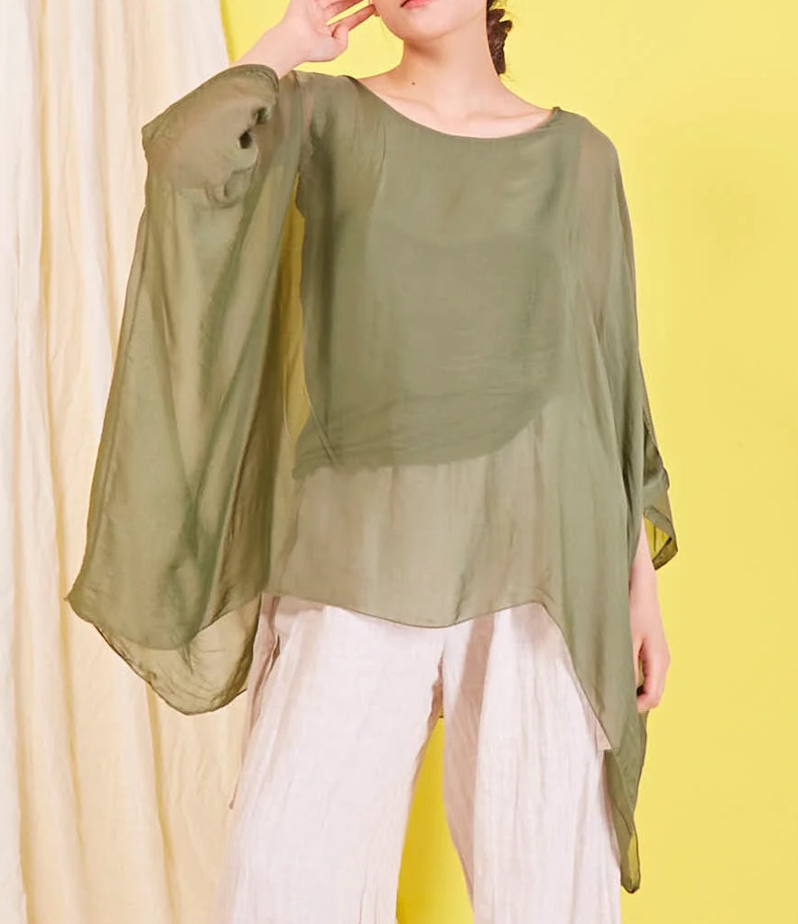 BZNA Seidenbluse Olive Grün Tunika Seidentunika Seidenchiffonbluse Fledermaus Ärmel oneSize - B Z N A