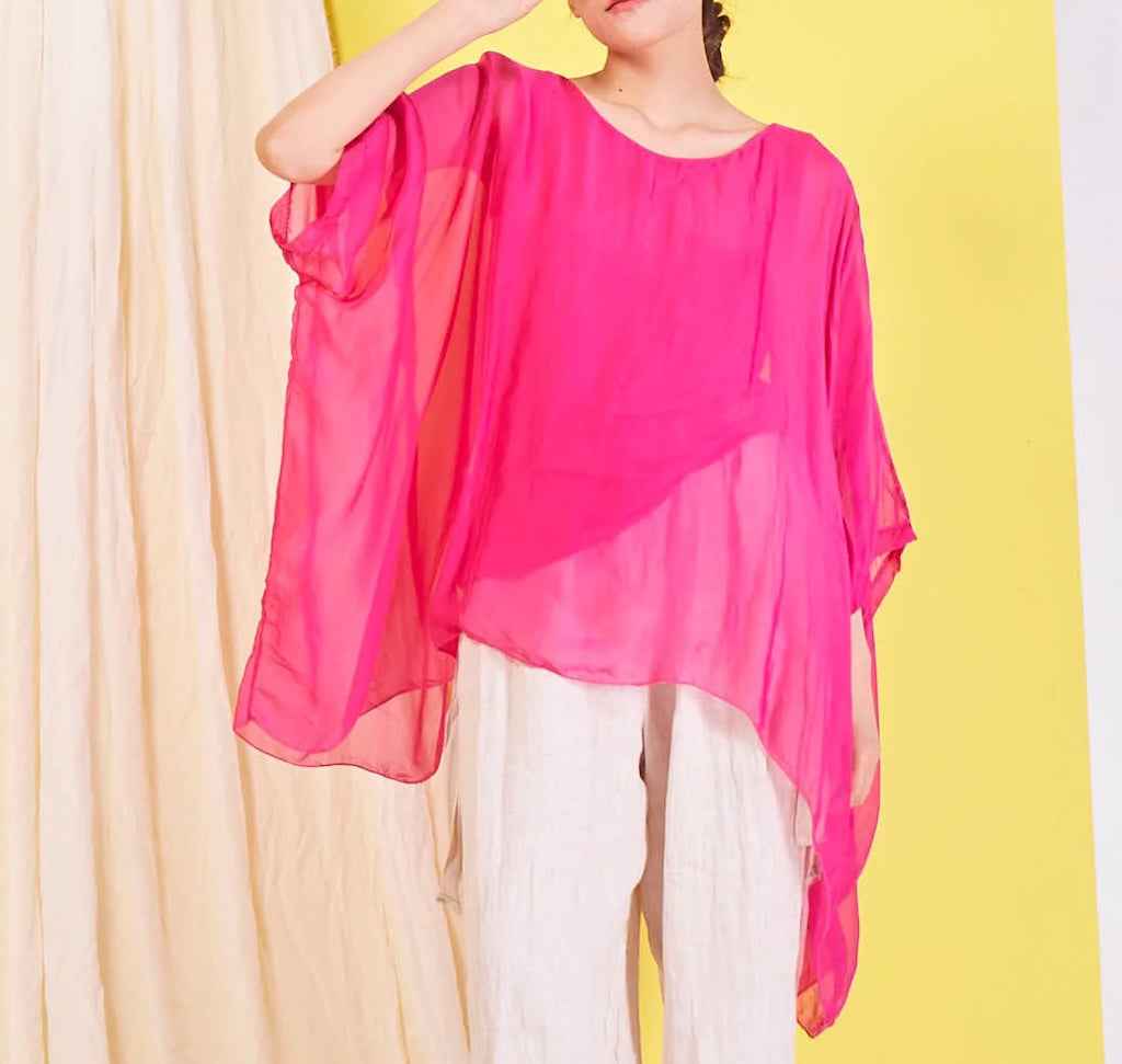 BZNA Seidenbluse Fuxia Tunika Seidentunika Seidenchiffonbluse Fledermaus Ärmel oneSize