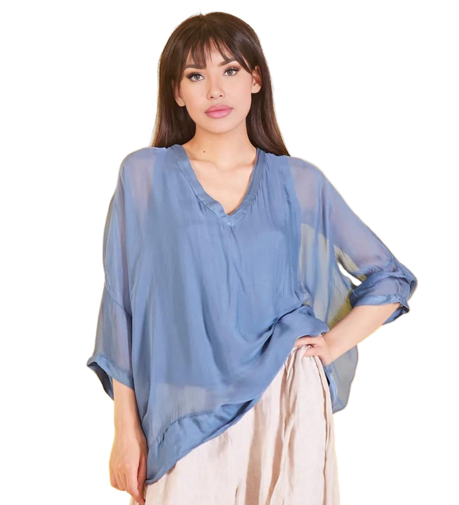BZNA Seidenbluse Mittelblau Tunika Seidentunika mit V -Ausschnitt Seidenchiffonbluse Fledermaus Ärmel oneSize - B Z N A