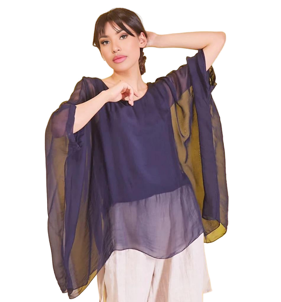 BZNA Seidenbluse Dunkelblau Tunika Seidentunika Seidenchiffonbluse Fledermaus Ärmel oneSize - B Z N A