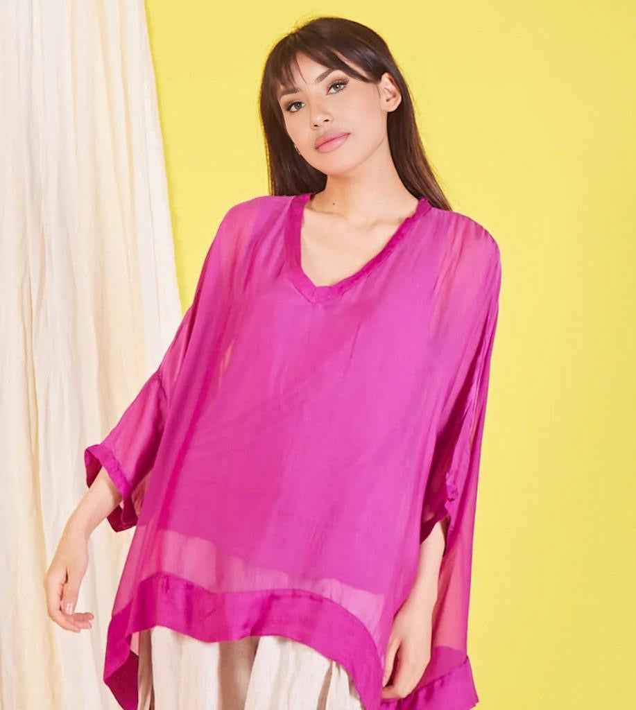 BZNA Seidenbluse Magenta Tunika Seidentunika mit V -Ausschnitt Seidenchiffonbluse Fledermaus Ärmel oneSize