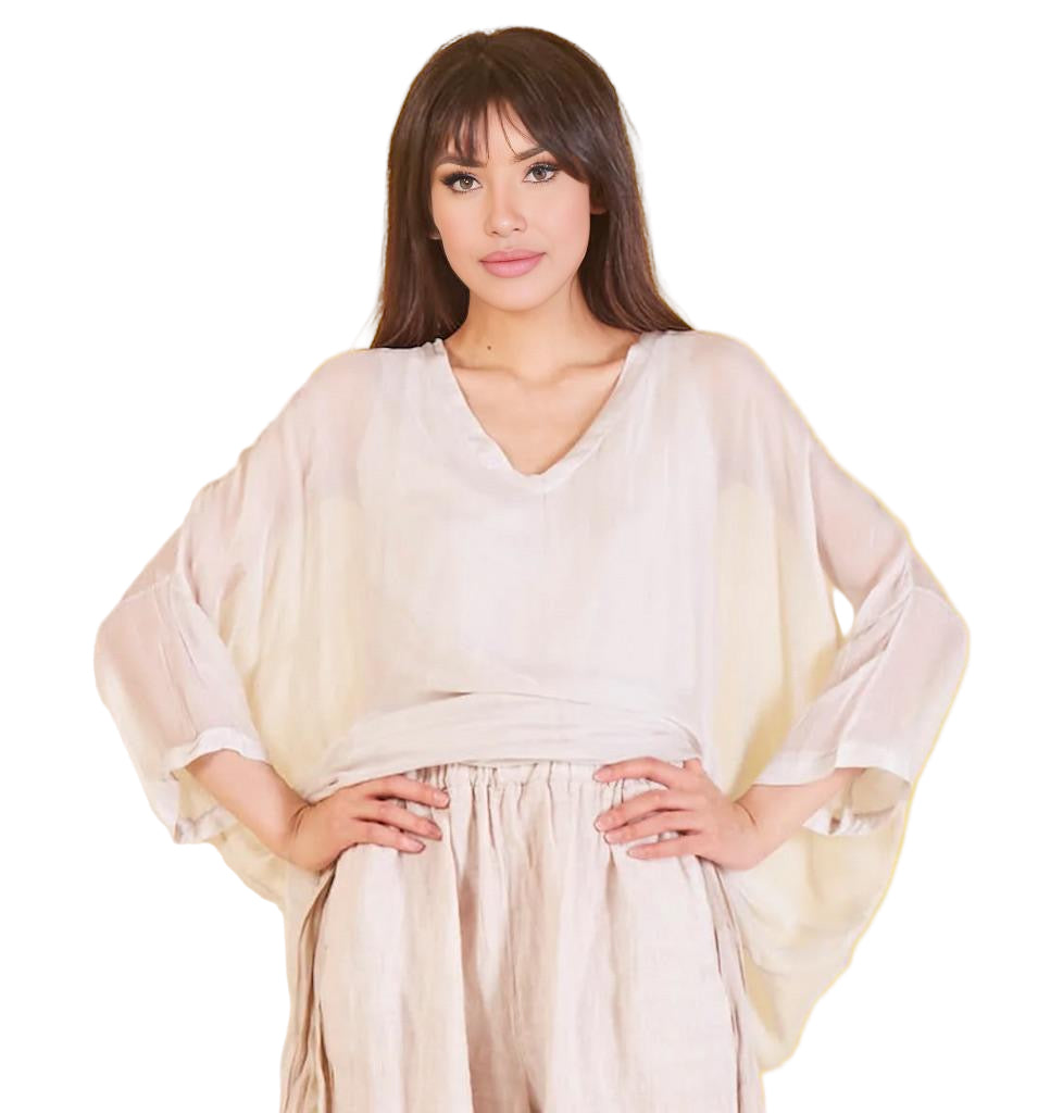 BZNA Seidenbluse Beige Tunika Seidentunika mit V -Ausschnitt Seidenchiffonbluse Fledermaus Ärmel oneSize - B Z N A