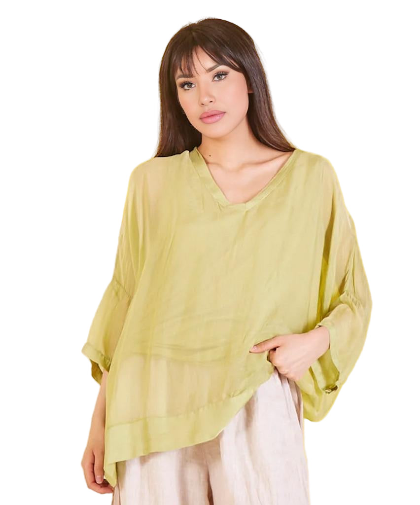 BZNA Seidenbluse Pistazie Tunika Seidentunika mit V -Ausschnitt Seidenchiffonbluse Fledermaus Ärmel oneSize - B Z N A