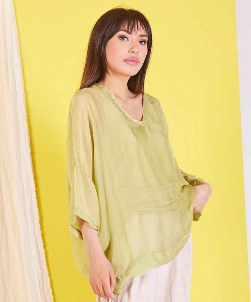 BZNA Seidenbluse Pistazie Tunika Seidentunika mit V -Ausschnitt Seidenchiffonbluse Fledermaus Ärmel oneSize