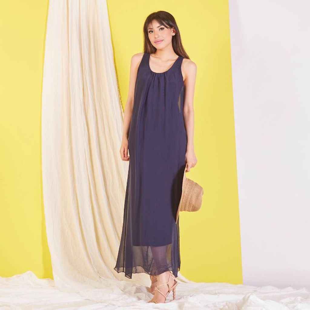 BZNA elegantes ärmeloses Kleid dark Blue aus Seidenchiffon Seidenkleid oneSize