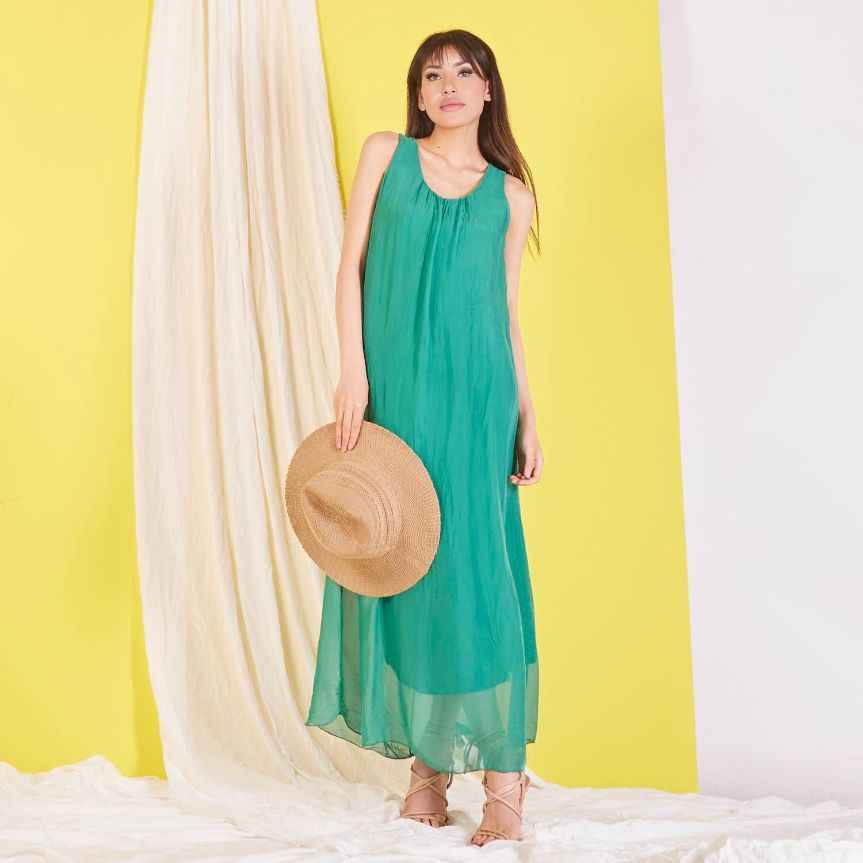 BZNA elegantes ärmeloses Kleid Grün B. aus Seidenchiffon Seidenkleid oneSize