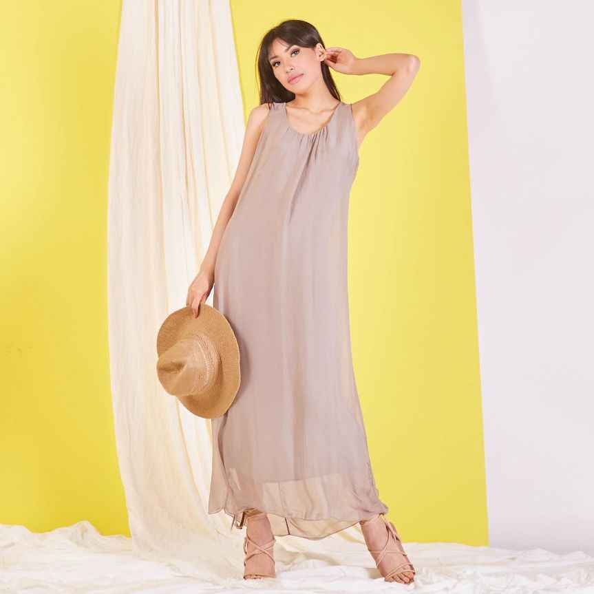 BZNA elegantes ärmeloses Kleid Beige aus Seidenchiffon Seidenkleid oneSize