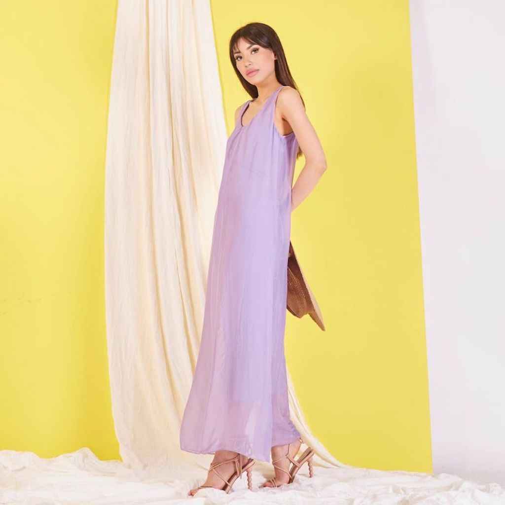 BZNA elegantes ärmeloses Kleid Flieder aus Seidenchiffon Seidenkleid oneSize