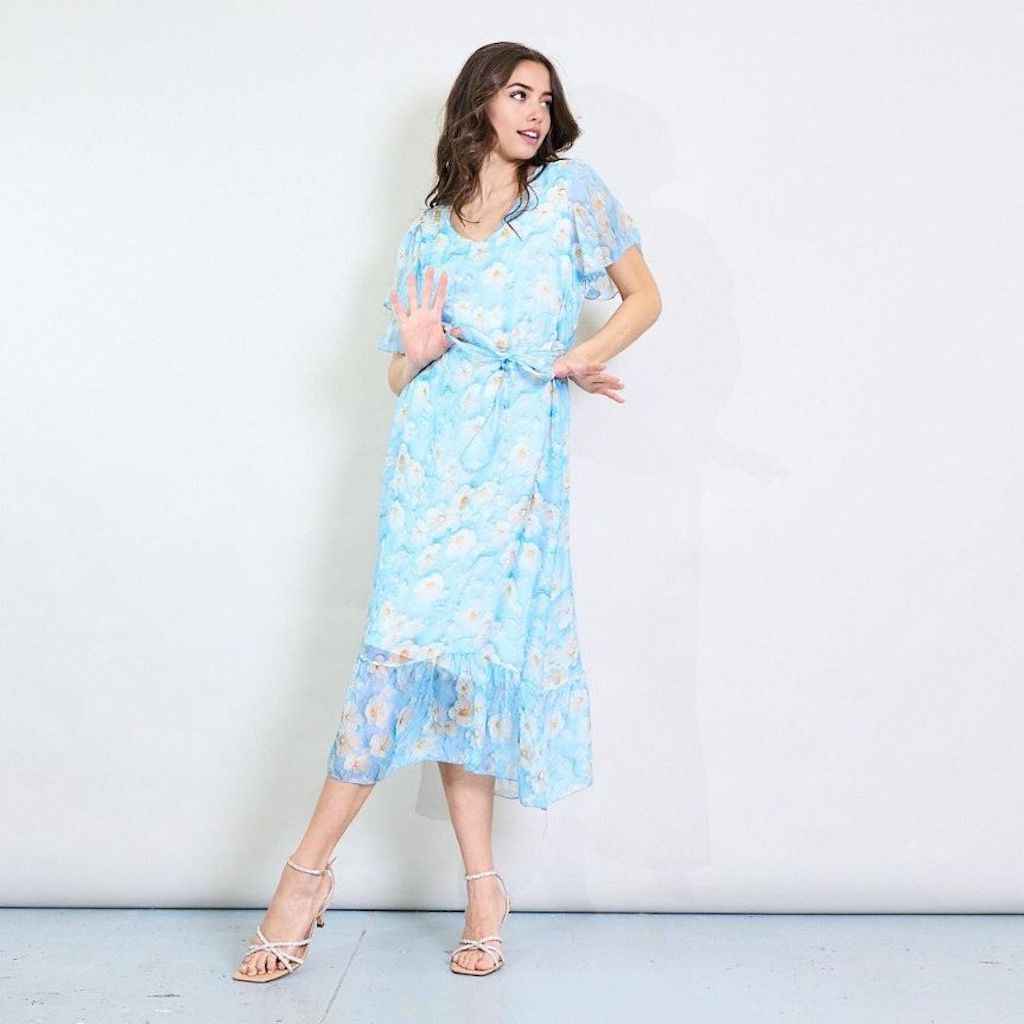 BZNA Blumendruck V-Ausschnitt Midi Kleid Lichtblau aus Seidenchiffon Seidenkleid oneSize