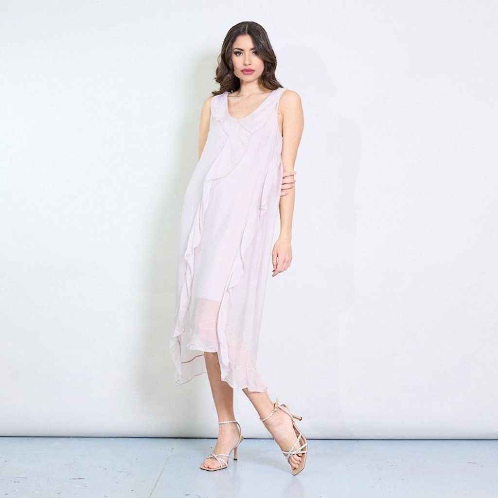 BZNA Ibiza Kleid asymmetrisch Rüschendetail Rose aus Seidenchiffon Seidenkleid oneSize