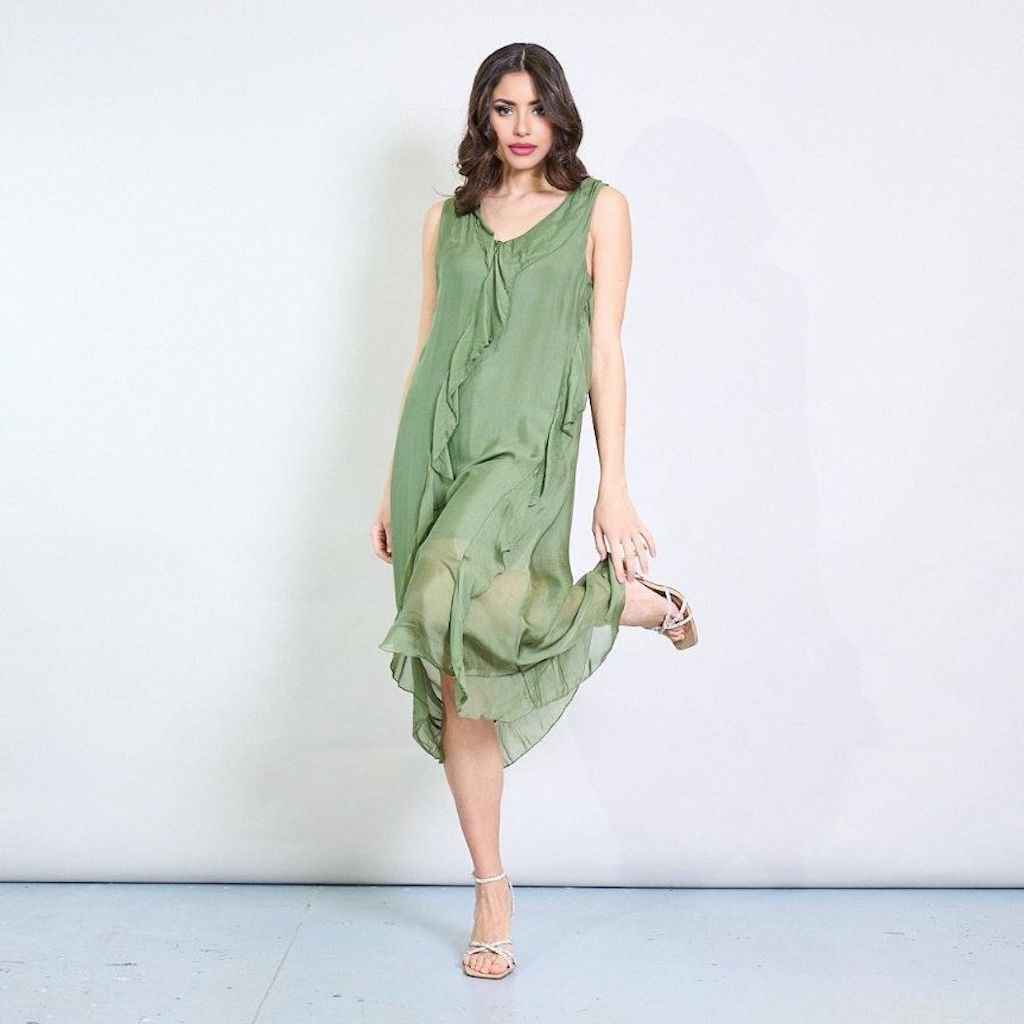 BZNA Ibiza Kleid asymmetrisch Rüschendetail Verde aus Seidenchiffon Seidenkleid oneSize