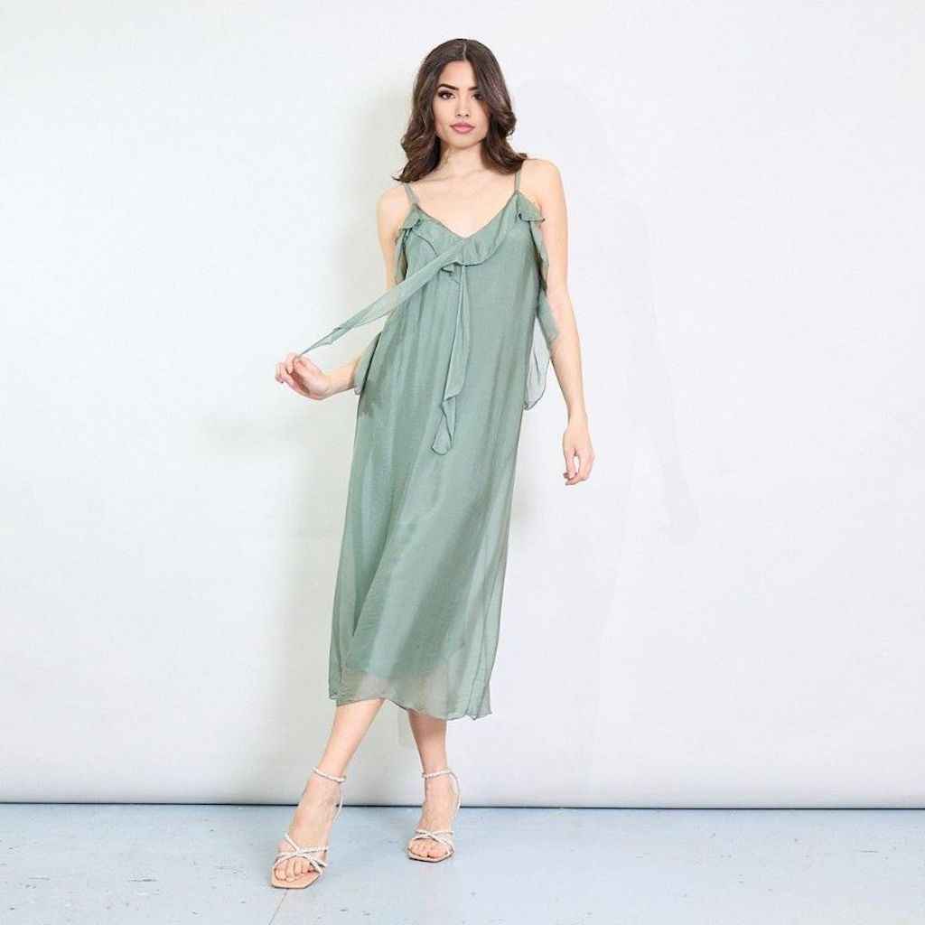BZNA Kleid Kravatten Rüschendetail Verde aus Seidenchiffon Seidenkleid oneSize
