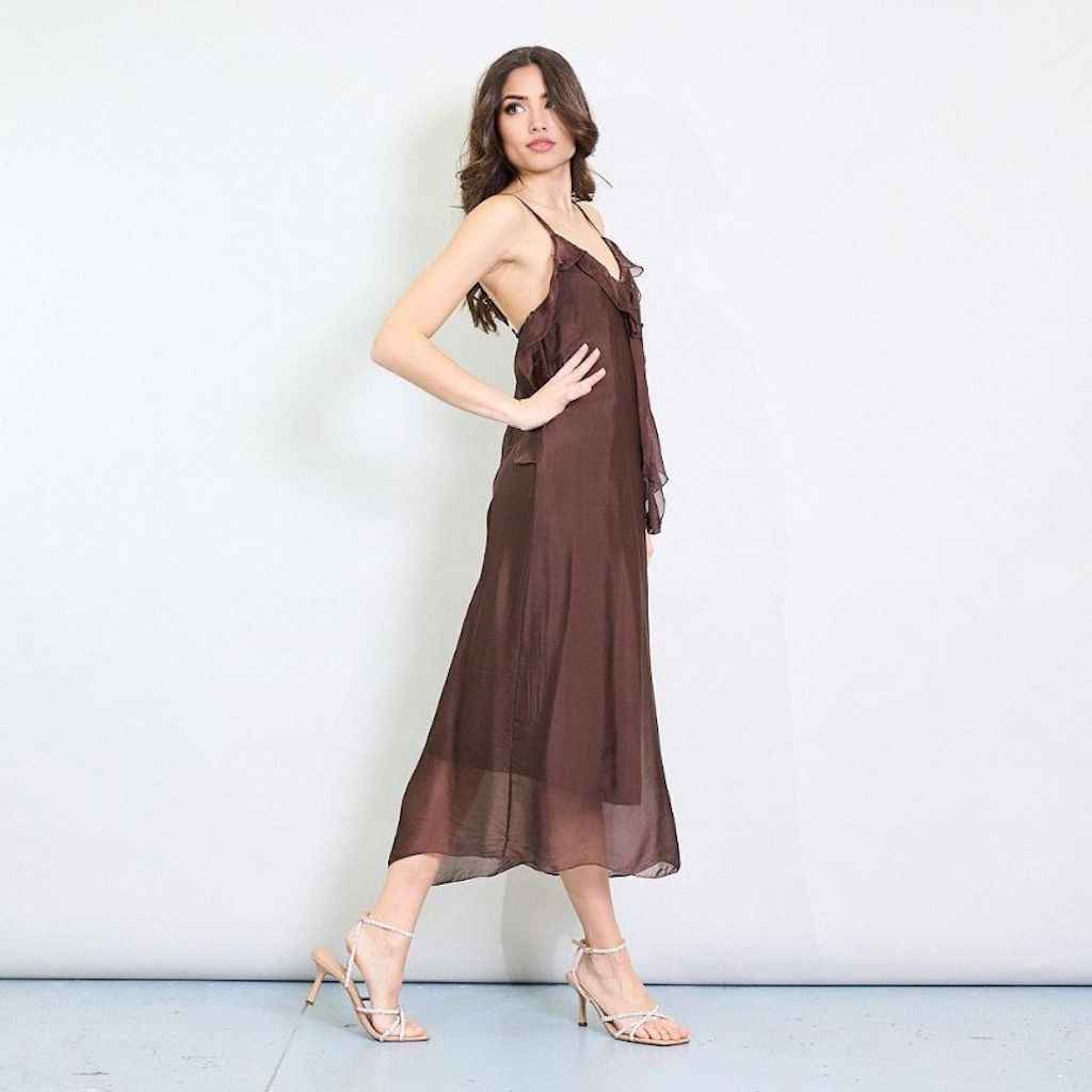 BZNA Kleid Kravatten Rüschendetail Coffee aus Seidenchiffon Seidenkleid oneSize