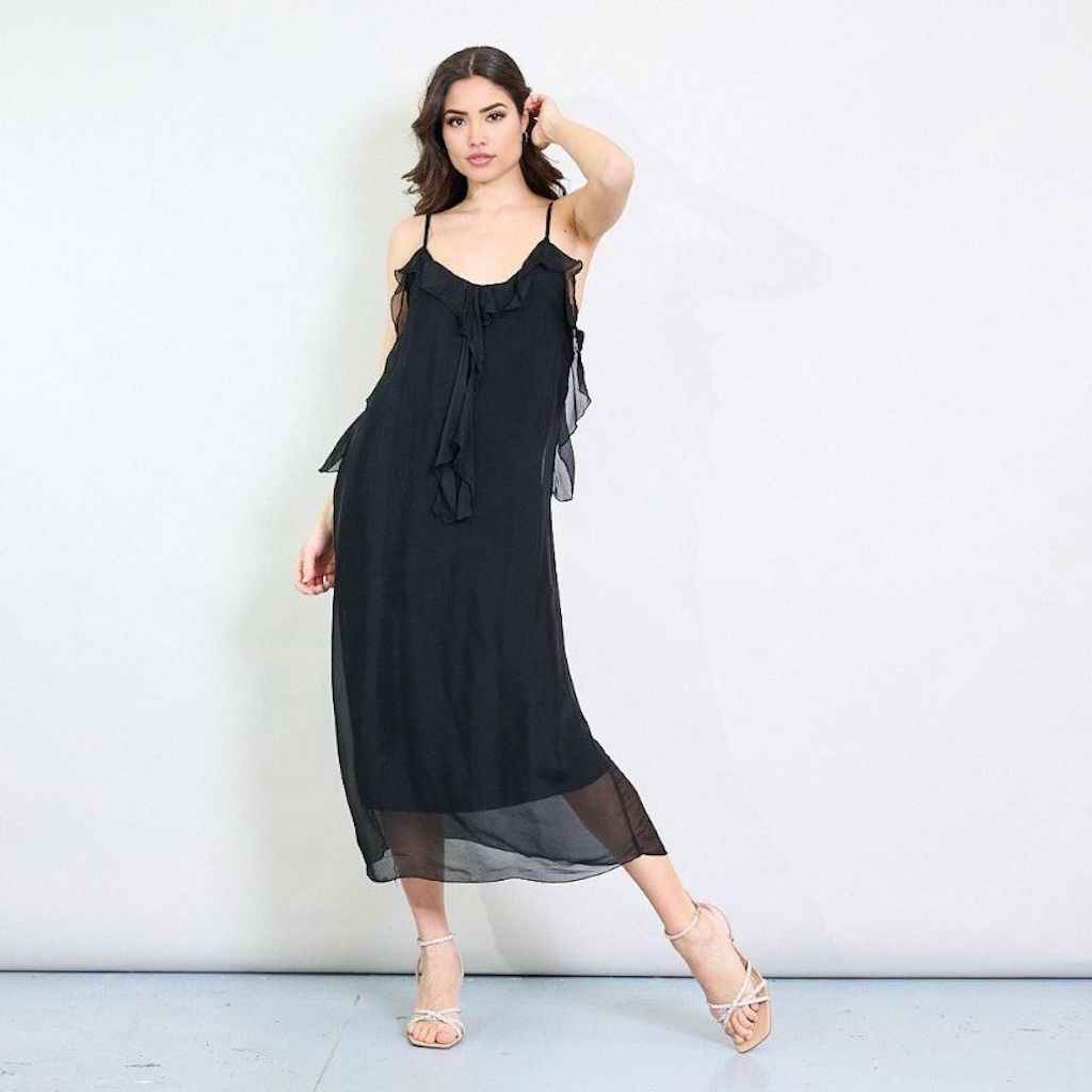 BZNA Kleid Kravatten Rüschendetail Schwarz aus Seidenchiffon Seidenkleid oneSize