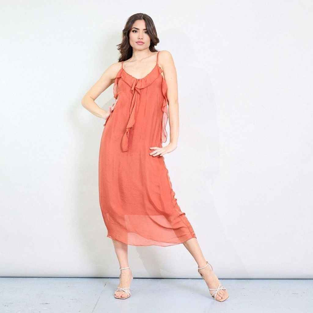 BZNA Kleid Kravatten Rüschendetail Lachs aus Seidenchiffon Seidenkleid oneSize