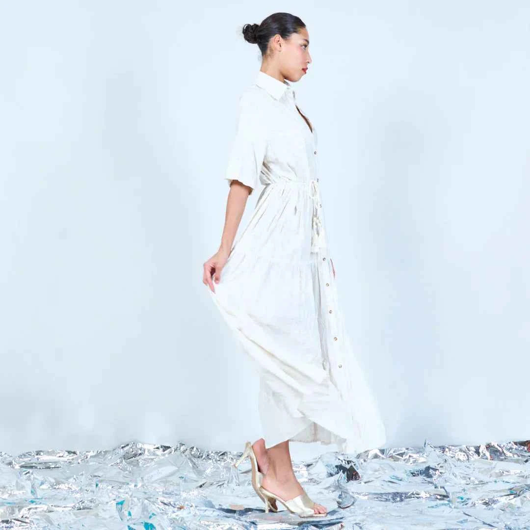 BZNA Sommer Kleid mit Leinen Weiß Blumen gestickt Maxikleid oneSize