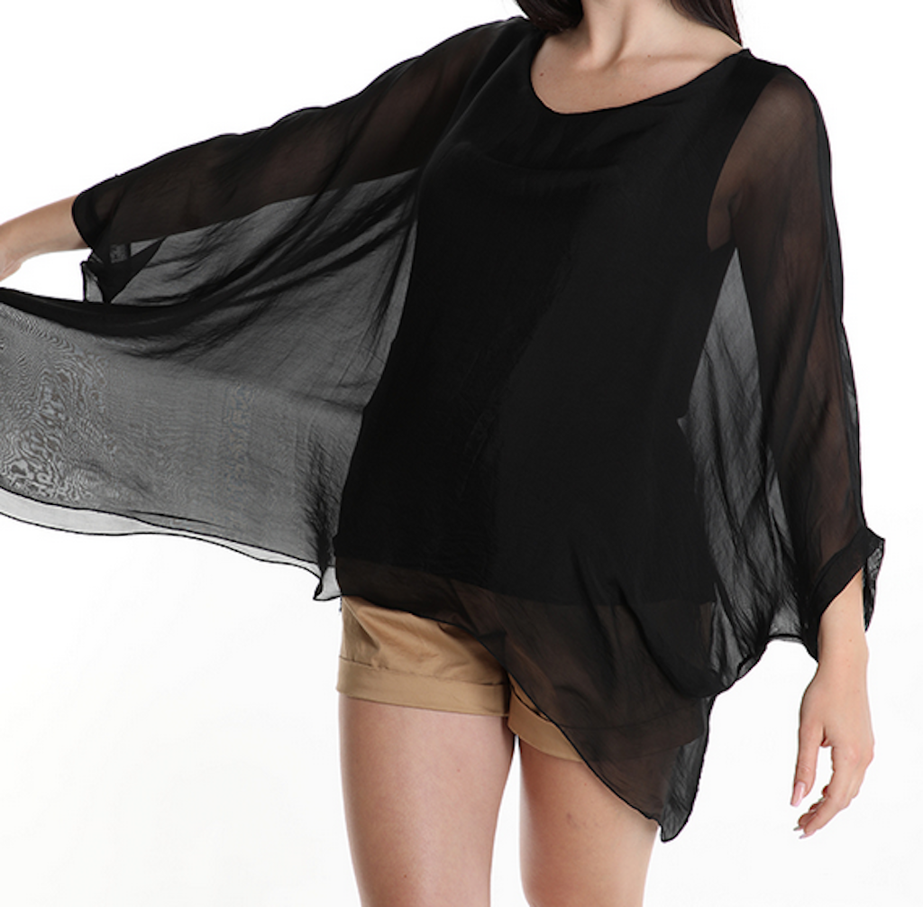 BZNA Seidenbluse Schwarz Tunika Seidentunika Seidenchiffonbluse Fledermaus Ärmel oneSize - B Z N A